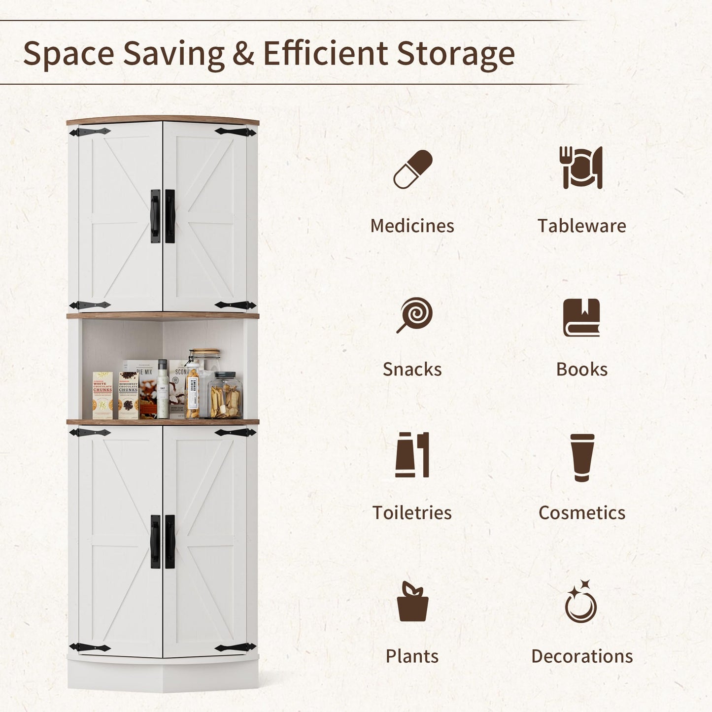 BonVache 165cm Tall Corner Storage Cabinet with Barn Doors, 5-Tier Tall Cupboards Cabinet for Living Room, 4 Wooden Doors and 5 Shelves