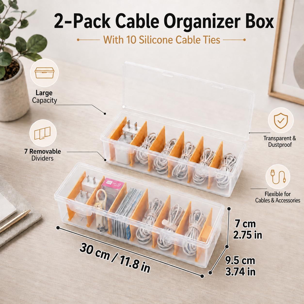 SKNC 2 Pcs Cable Storage Box with Lid, Cable Management Box with 7 Adjustable Compartments Data Tidy and 10 Cable Ties Reusable,Transparent