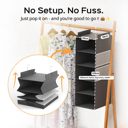 ALLTIDYUP Extra Deep Hanging Wardrobe Organizer – 5-Shelf Closet Storage with Large Mesh Pockets, Heavy-Duty Clothes Organizer, Perfect for Dorms