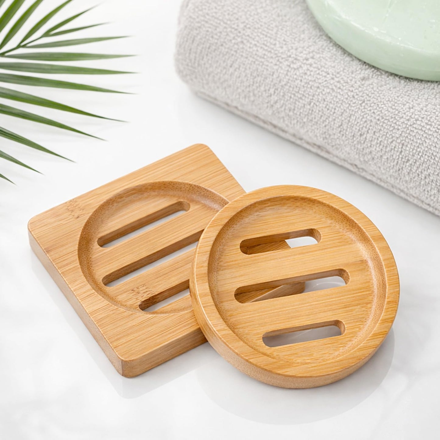 2 PCS Wooden Soap Dish Round Bamboo Soap Dish Holder Shower Steamer Tray Wood Soap-Tray for Shower Home Bathroom (Round and Square)