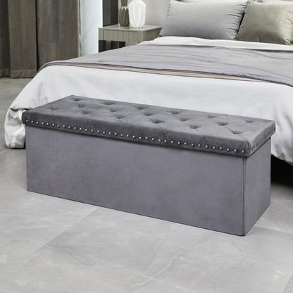 Bonlife Grey Velvet Ottoman Storage,Extra Large End of Bed Storage Box with Lids,Footstool Folding Ottoman Bench Window Seat with Rivet,110x40x40cm