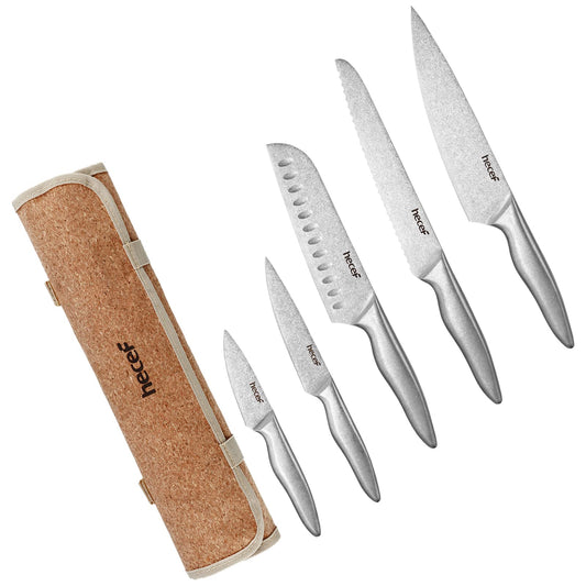 hecef Kitchen Knife Set with Roll Bag, German High Carbon Stainless Steel Blades ? Sharp Chef Knives with Sheaths, Ergonomic Handles, Ideal for Home