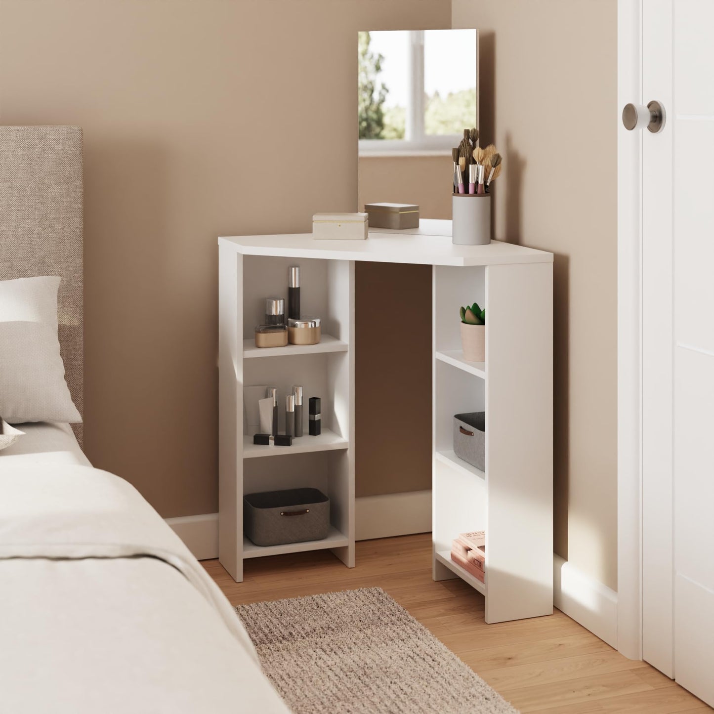 GFW Frances Corner Dressing Table with Mirror & Storage Shelves, White Space-Saving Vanity Desk