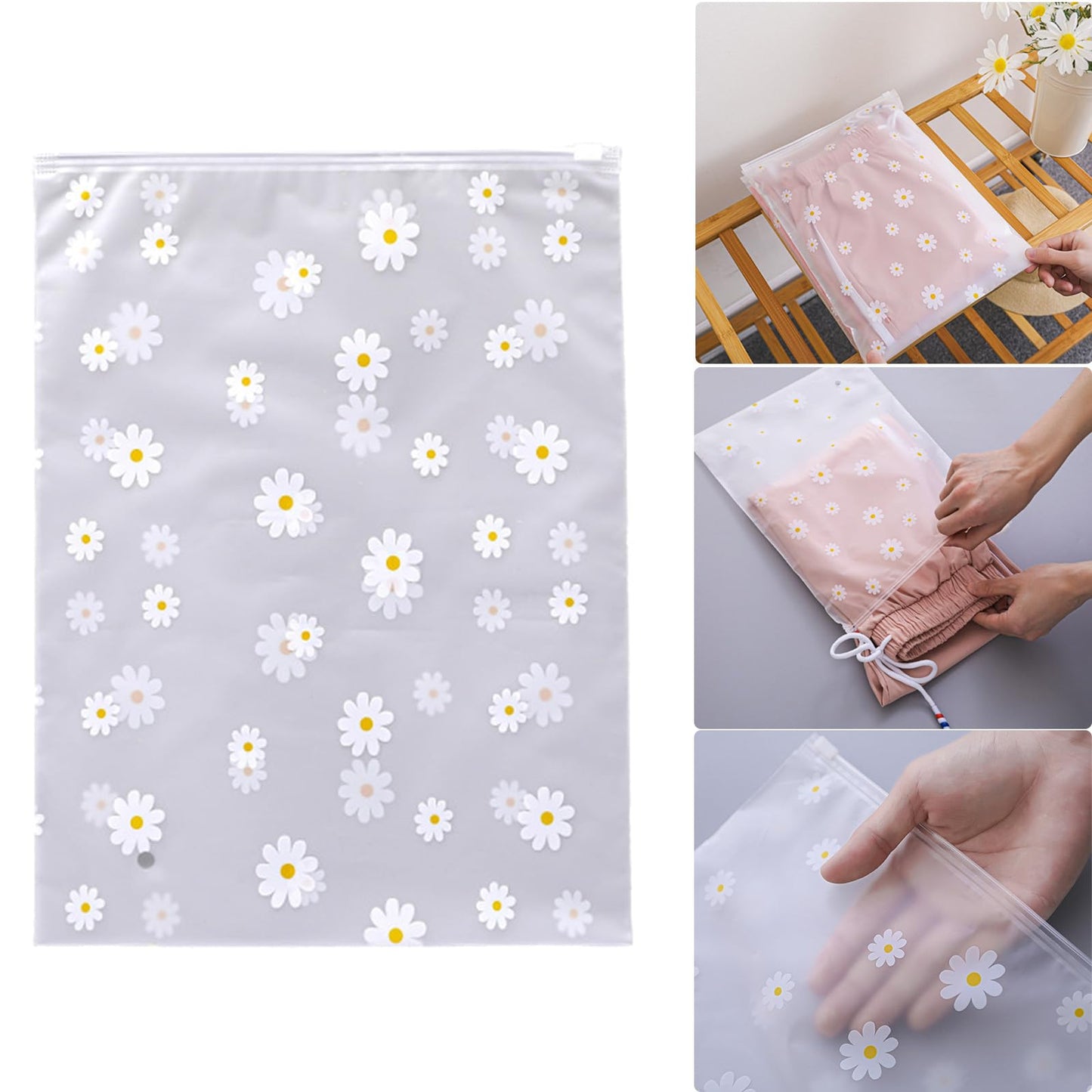 Boxonly Daisy Zipper Storage Bags, Reusable Waterproof PEVA Plastic Pouches for Clothes, Shoes, Toiletries - 14" x 18" / 35 x 45 cm - 12 Pcs