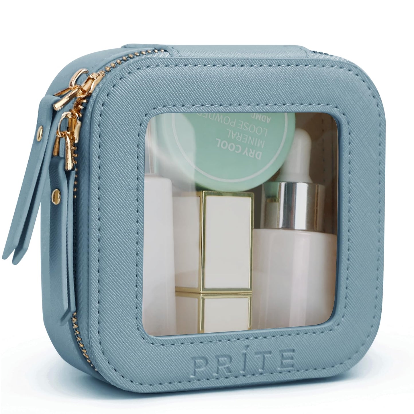 Prite Small Clear Makeup Bag with Gift Box Mini Cosmetic Case Waterproof Travel Toiletry Pouch Car Essentials with Double Zippers (Blue)