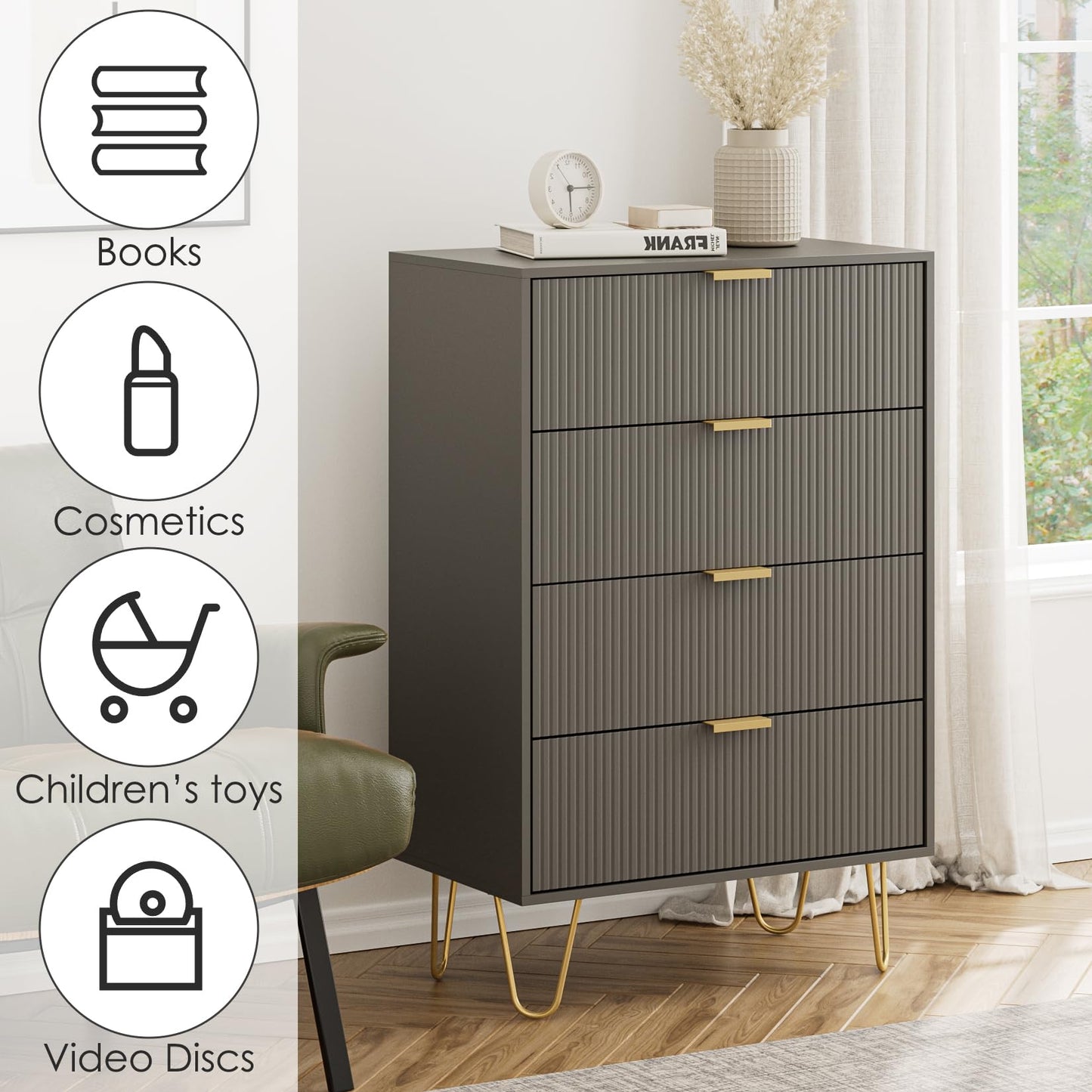 HEYZOEY Grey Chest of 4 Drawers for Bedroom, 60x34x91cm, Wood Storage Dresser Bedroom Furniture Cabinet for Living Room,Office,Lounge,Grey