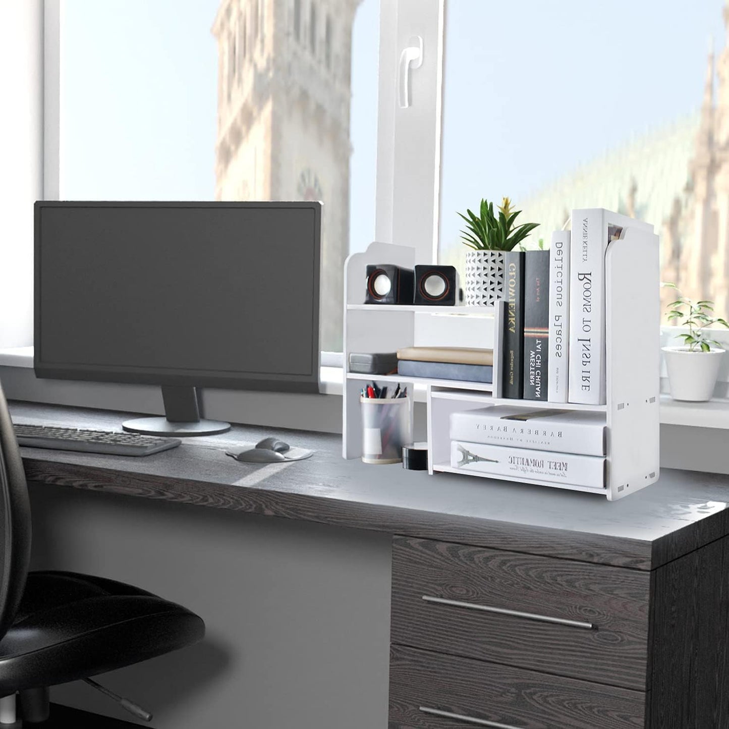 DoToGo Desk Shelf Organizer, Deskop Bookshelf for Small Space Adjustable Expendable for Office, Home, Kitchen (white-wlk)