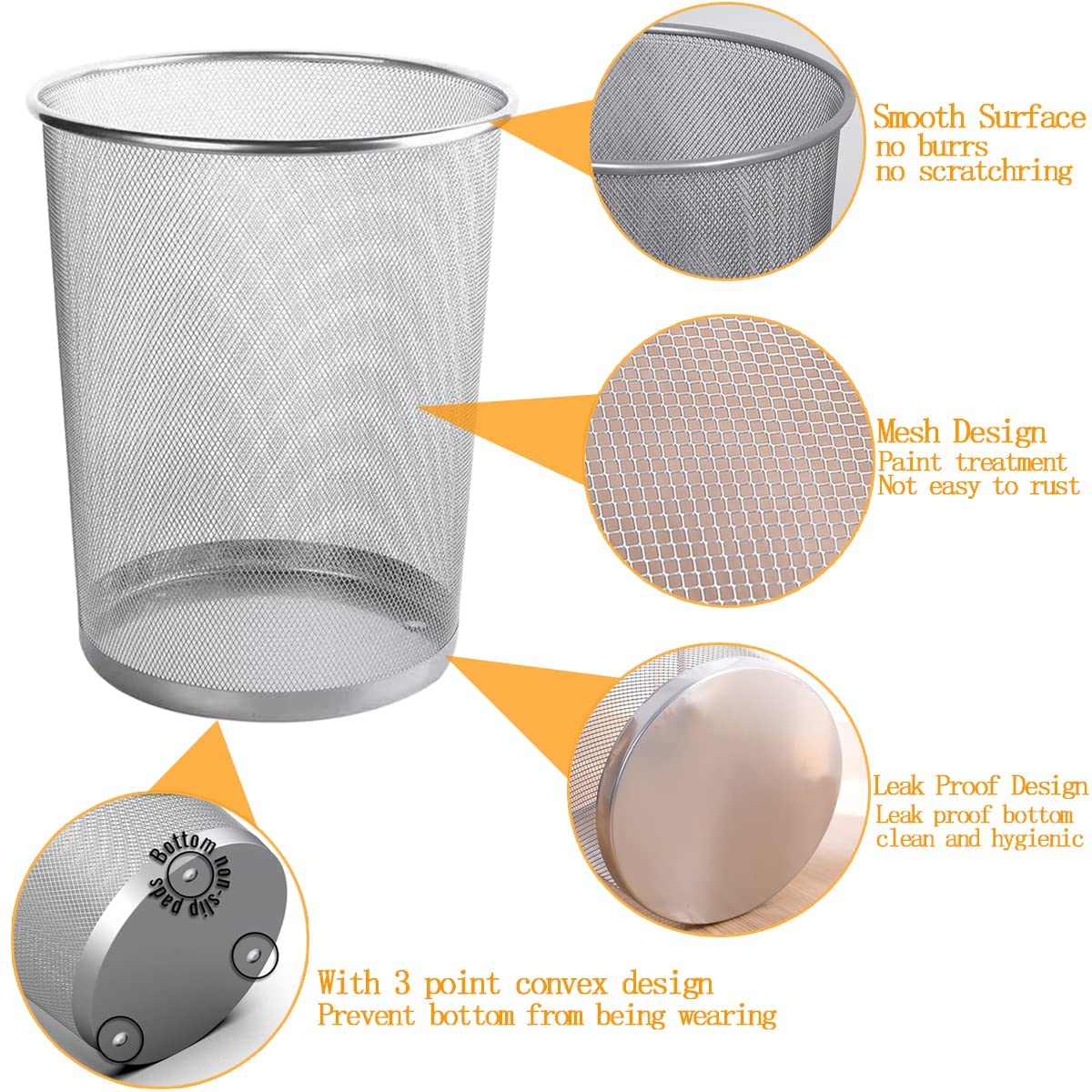 livexa 6 Pack Metal Mesh Waste Paper Bin 12 Litres Lightweight Mesh Wastebasket Waste Bin Silver Metal Rubbish Bin for Bedroom, Office, Bathroom