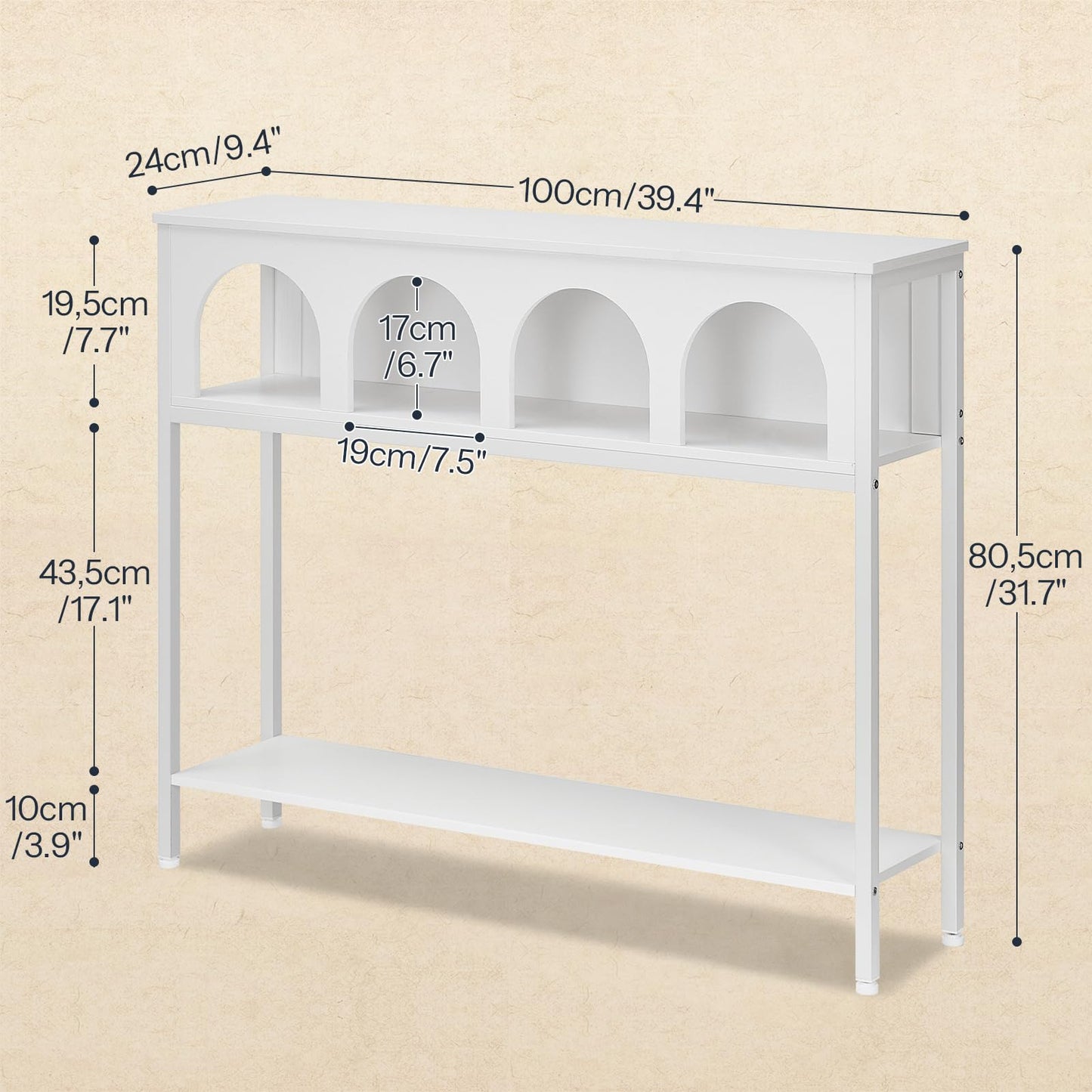 HOOBRO 100 cm Console Table with 3-Tier Storage, Arched Hallway Table with Sturdy Metal Frame, Narrow Sofa Table Behind Couch for Living Room