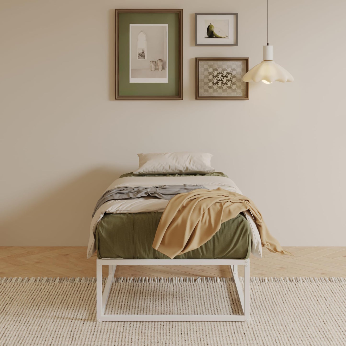 EMODA Small Single Bed Frame 36cm High with Steel Slats Support, White