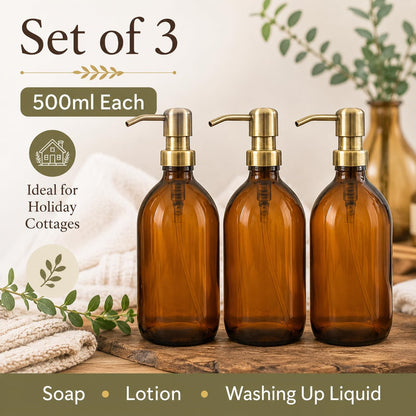 Amber Glass Bottles 500ml Soap Dispenser with Metal Pump BPA-Free Brown Glass Empty Soap Dispensers – Reusable Refillable Eco friendly