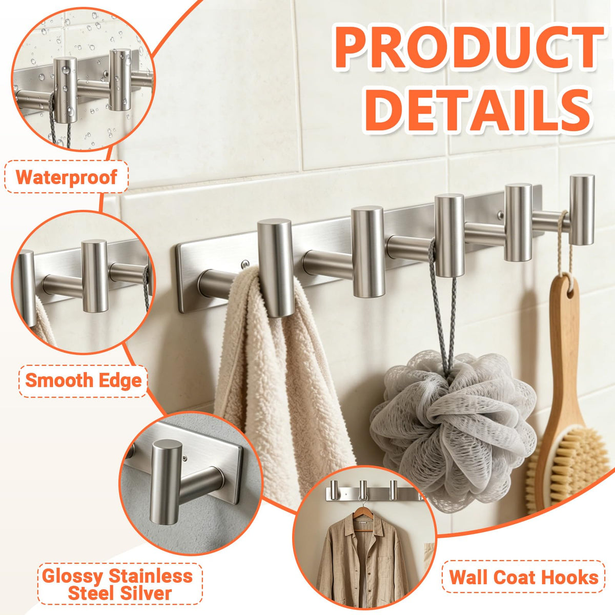 TOEKSIX Silver Steel Wall Coat Rack 15.6in, 5 Hooks for Bathroom Bedroom