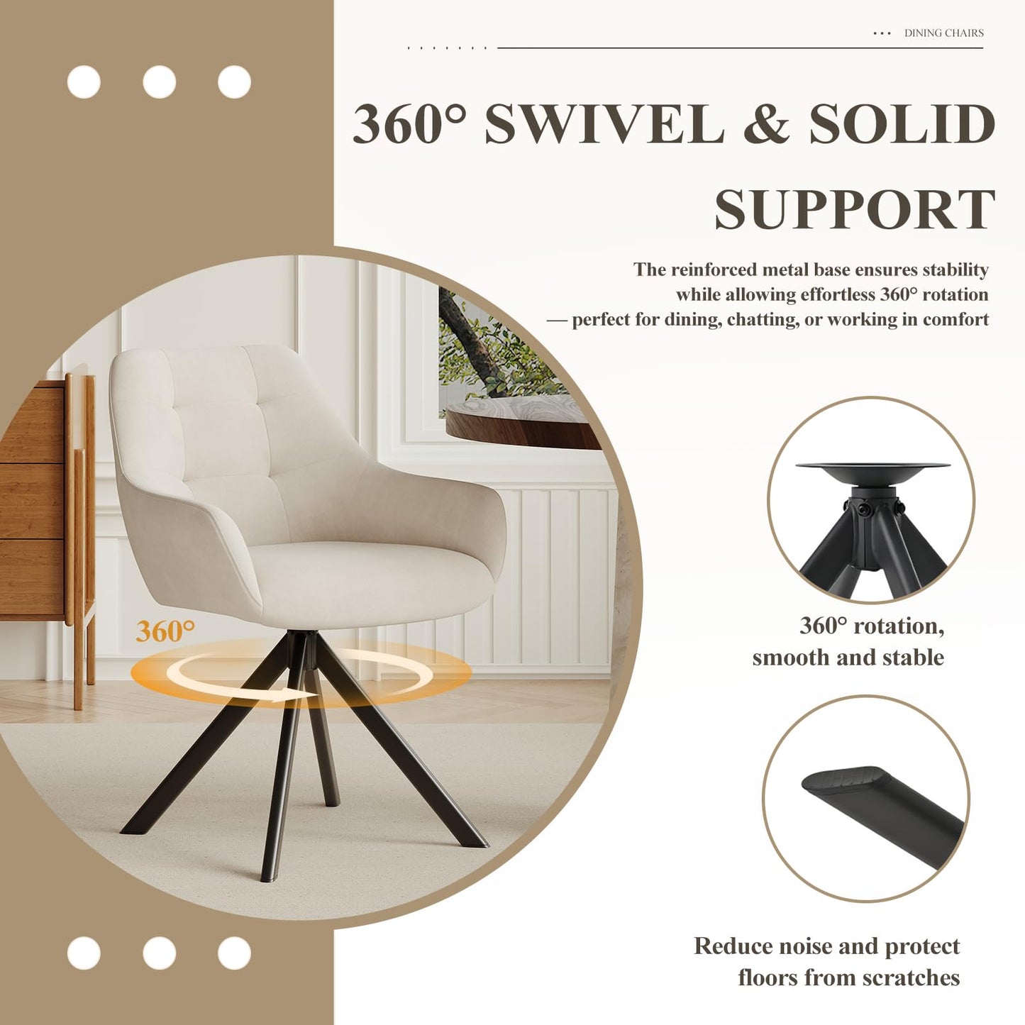 COLAMY 360° Swivel Dining Chairs Set of 2 with Sturdy Metal Base – Luxury Velvet Upholstered Kitchen Chairs with Thick Padded Seat