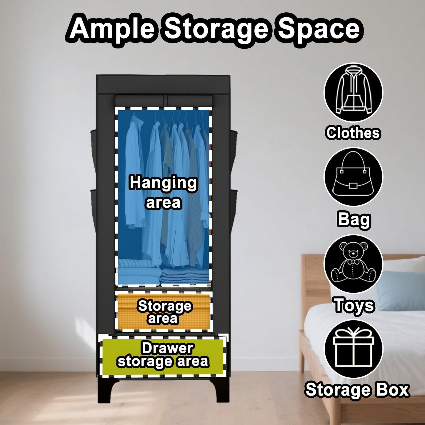 OPPAIYA Canvas Wardrobe, Temporary Wardrobe With Hanging Rails, 2 Shelves, 8 Side Bags & 2 drawer