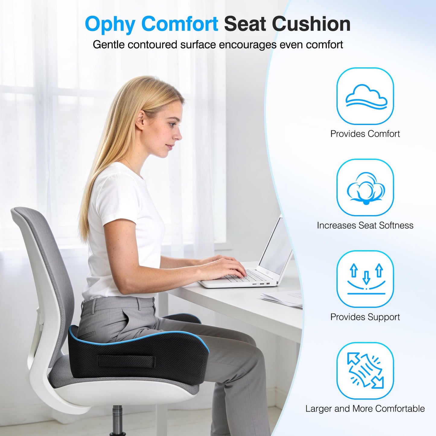 Ophy Office Chair Cushion with Enhanced Comfort for Long Hours Sitting, Ergonomic Seat Pad for Home and Car Use