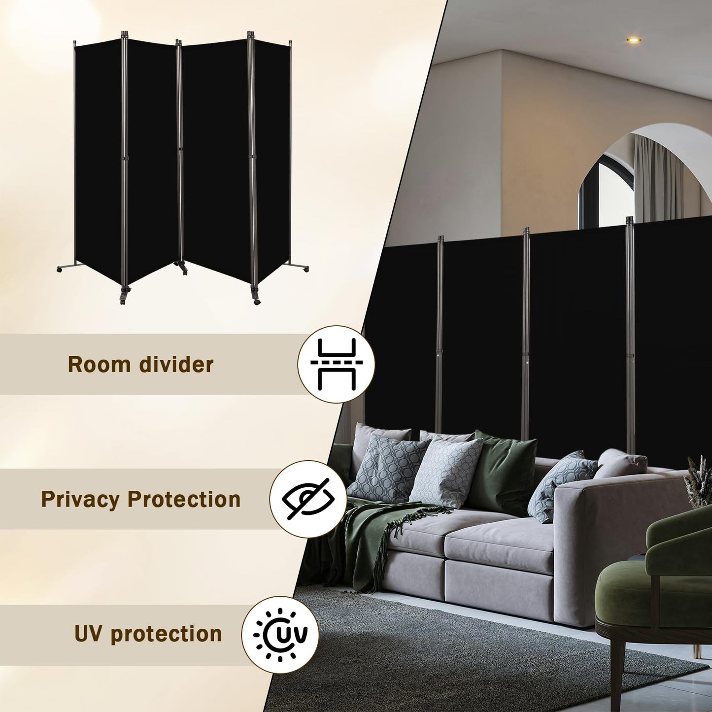 Angel Living 4 Panels Folding Room Divider, Privacy Screen Composed of Polyester Fabric and Sturdy Iron Frame