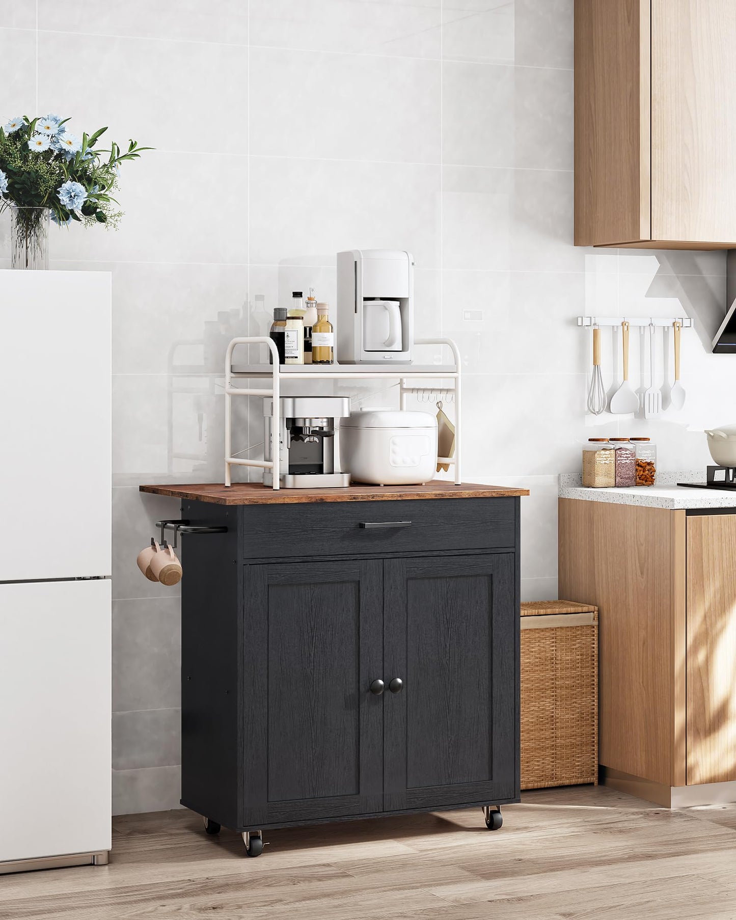 CHOEZON Kitchen Island, Farmhouse Kitchen Island Cart with One Double Cabinet and Drawer, Rolling Storage, with Drop Leaf ＆ industrial locking wheels