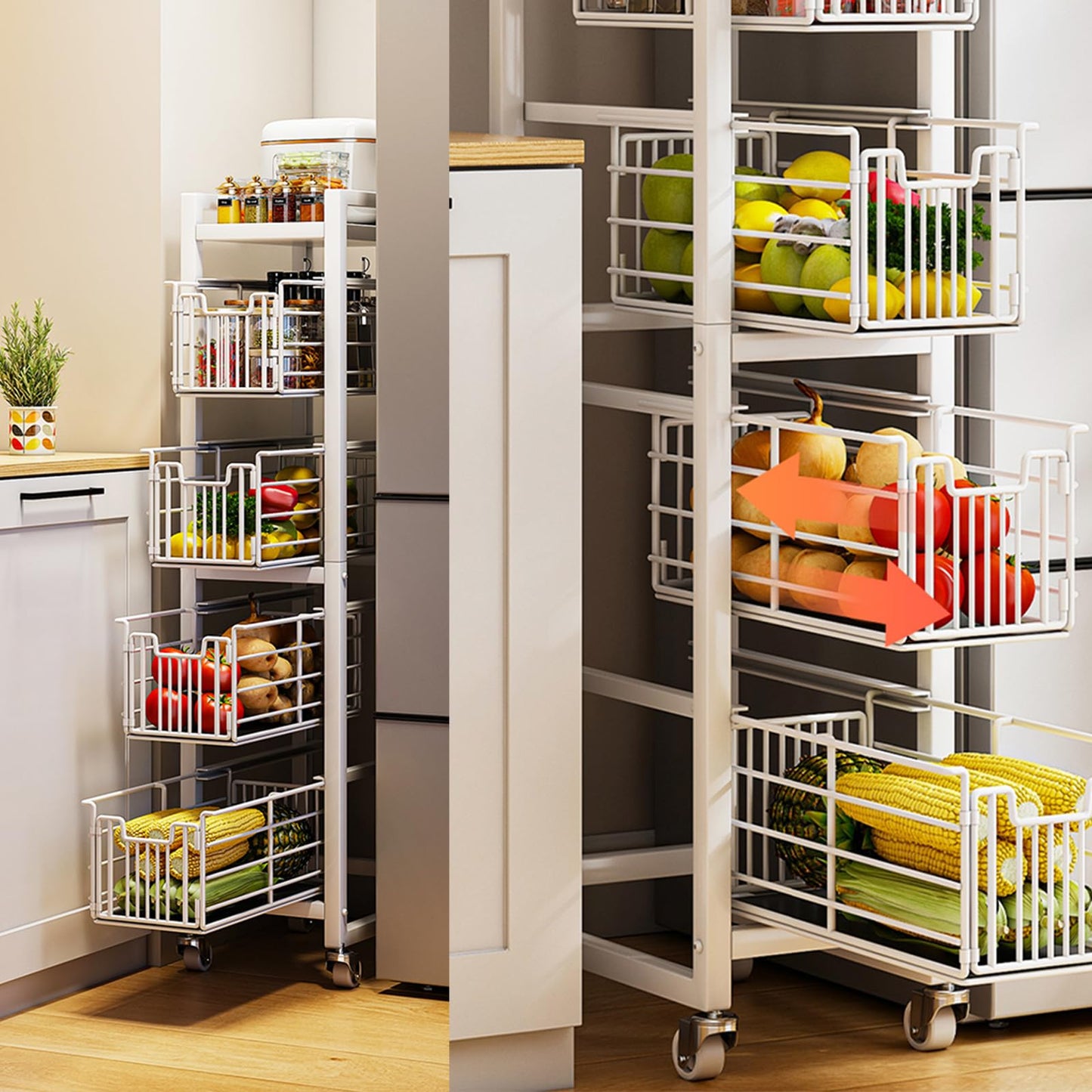 5-Tier Pull-Out Storage Organizer Rolling Utility Cart - Universal Metal Craft Shelf Trolley for Home Kitchen Bathroom Bedroom Office Classroom