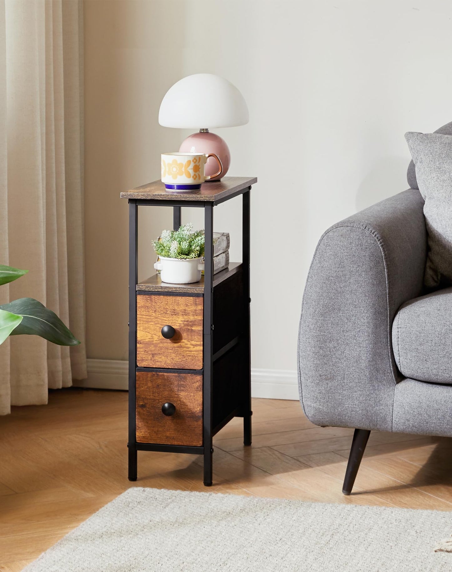 YMYNY Narrow Side Table Set of 2, Slim Bedside Table with 2 Fabric Drawers, Nightstand for Small Spaces