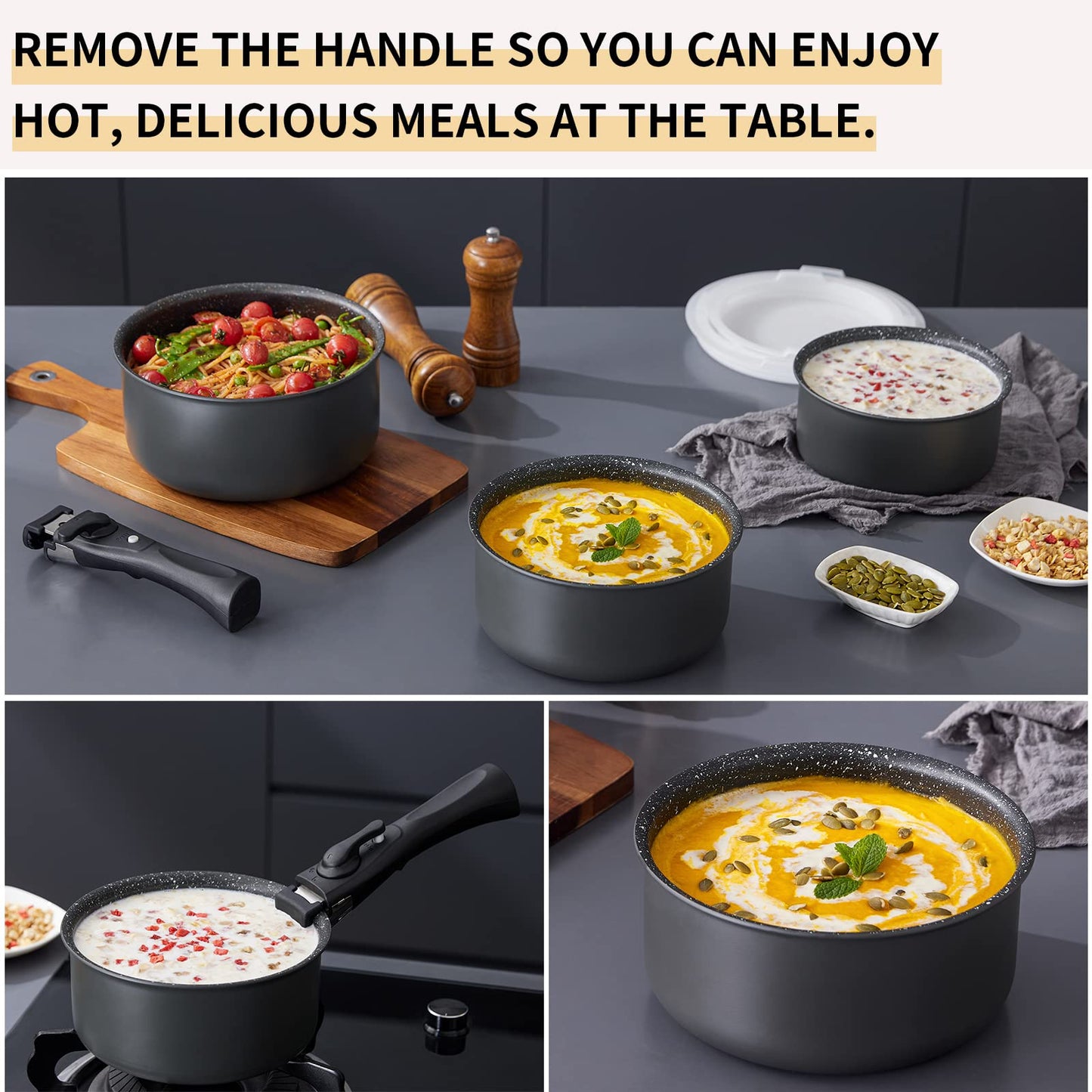 Fadware Non Stick Saucepan Set with Removable Handle and Sealing Lids, Non Stick Pot Set for Induction Hobs, 4 Pieces Saucepan for All Hobs, Stackable
