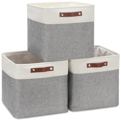 VIIHTYISA Fabric Storage Box, 3-Piece Set 33x38x33cm Cube Storage Boxes with Faux Leather Handle for Cube Shelves, Closet, Wardrobes | Grey & White