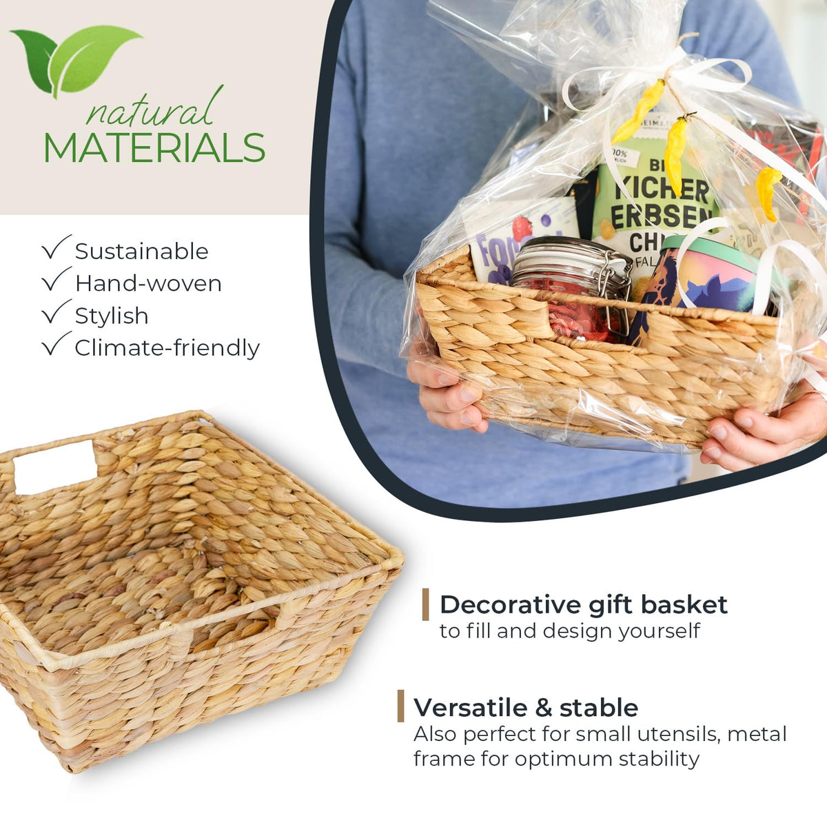 HMF Empty Gift Basket, Storage Basket Braided Made of Water Hyacinth, Rectangular, 30 x 30 x 12 cm