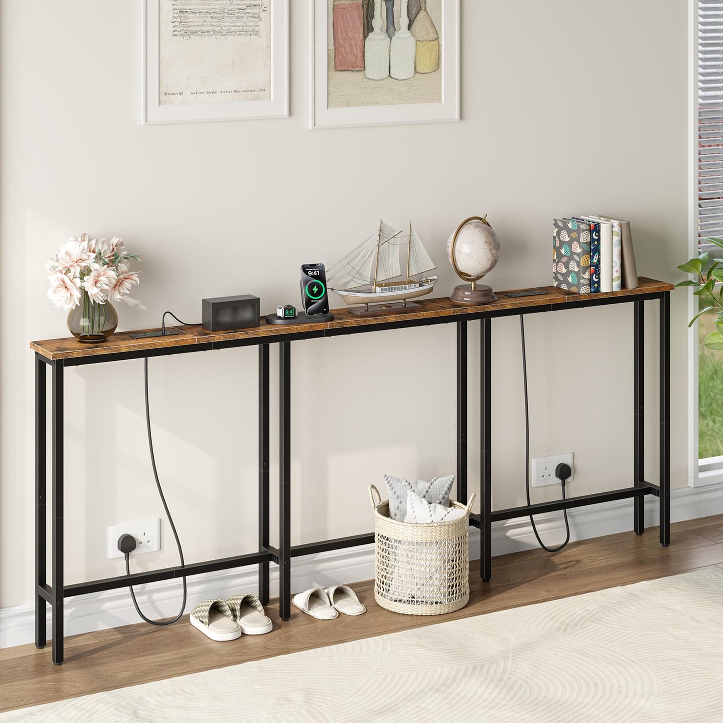 HOOBRO 200 cm Slim Console Table with 2 Charging Stations, Narrow Behind Sofa Table, Long Hallway Table with Adjustable Feet, for Hallway