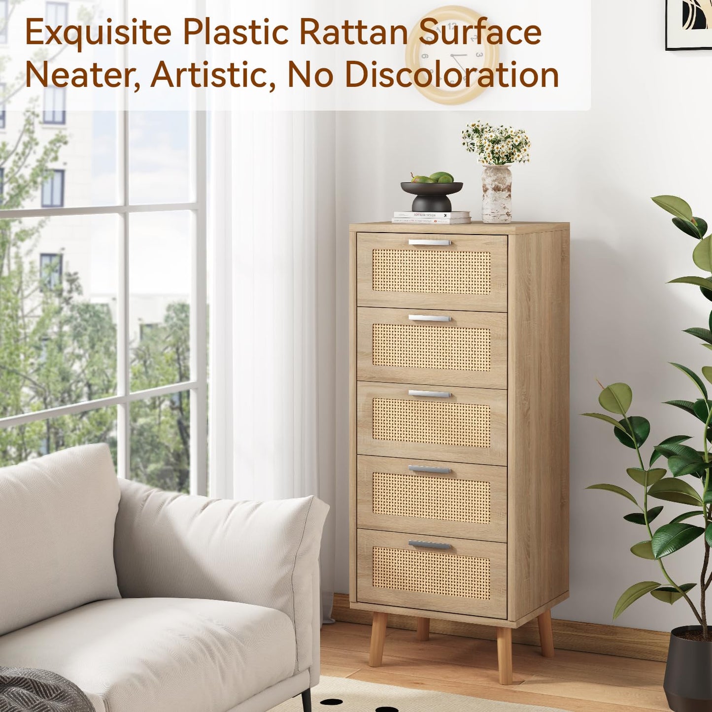 IBUYKE Rattan Chest of Drawers Bedroom with 5 Drawers,Natural WST010N