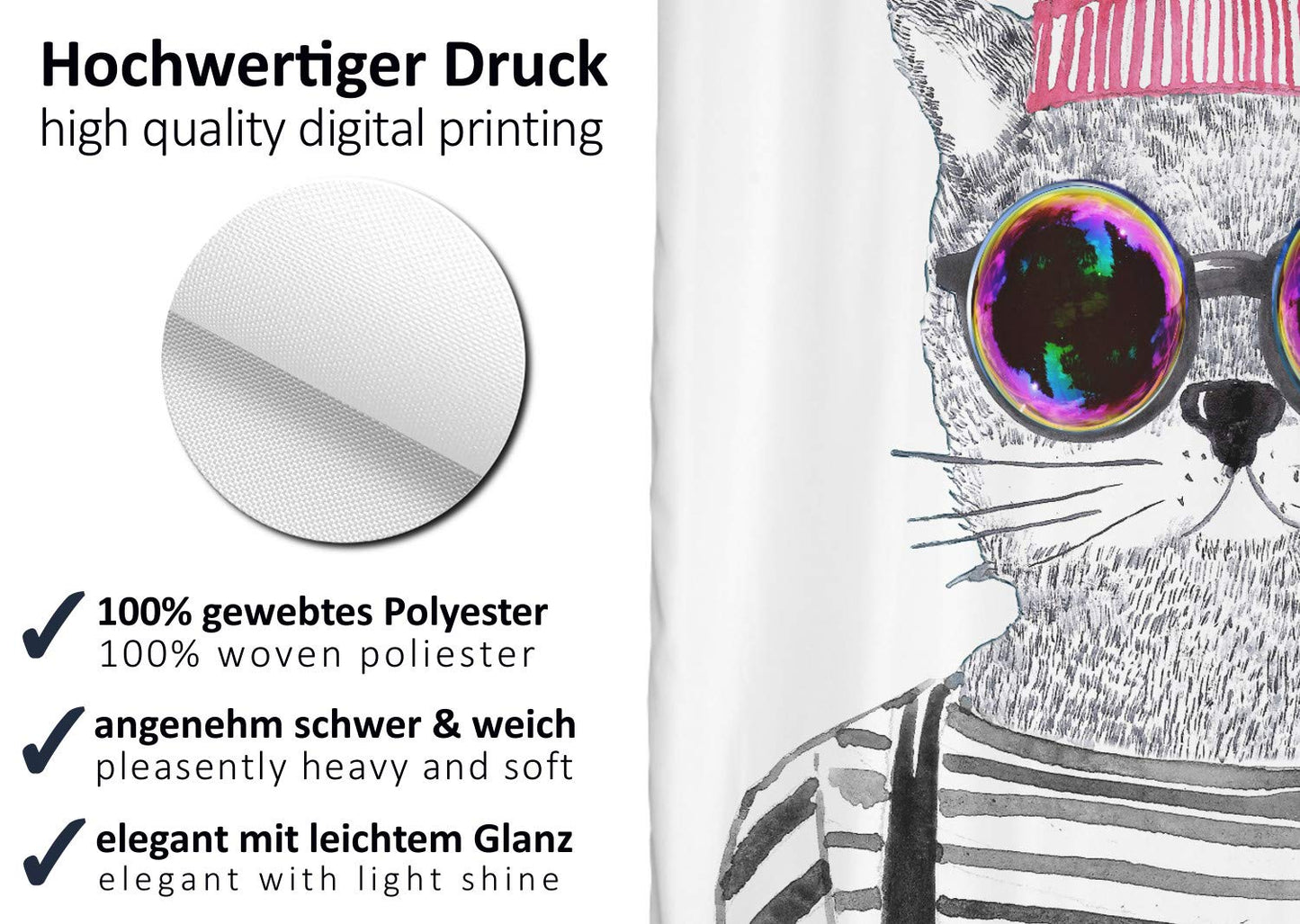 arteneur® - Hipster Cat from Berlin - Anti-Mould Shower Curtain 120 x 180 cm - Recycled with Oeko-Tex Standard 100 - Weighted Hem, Opaque, Waterproof