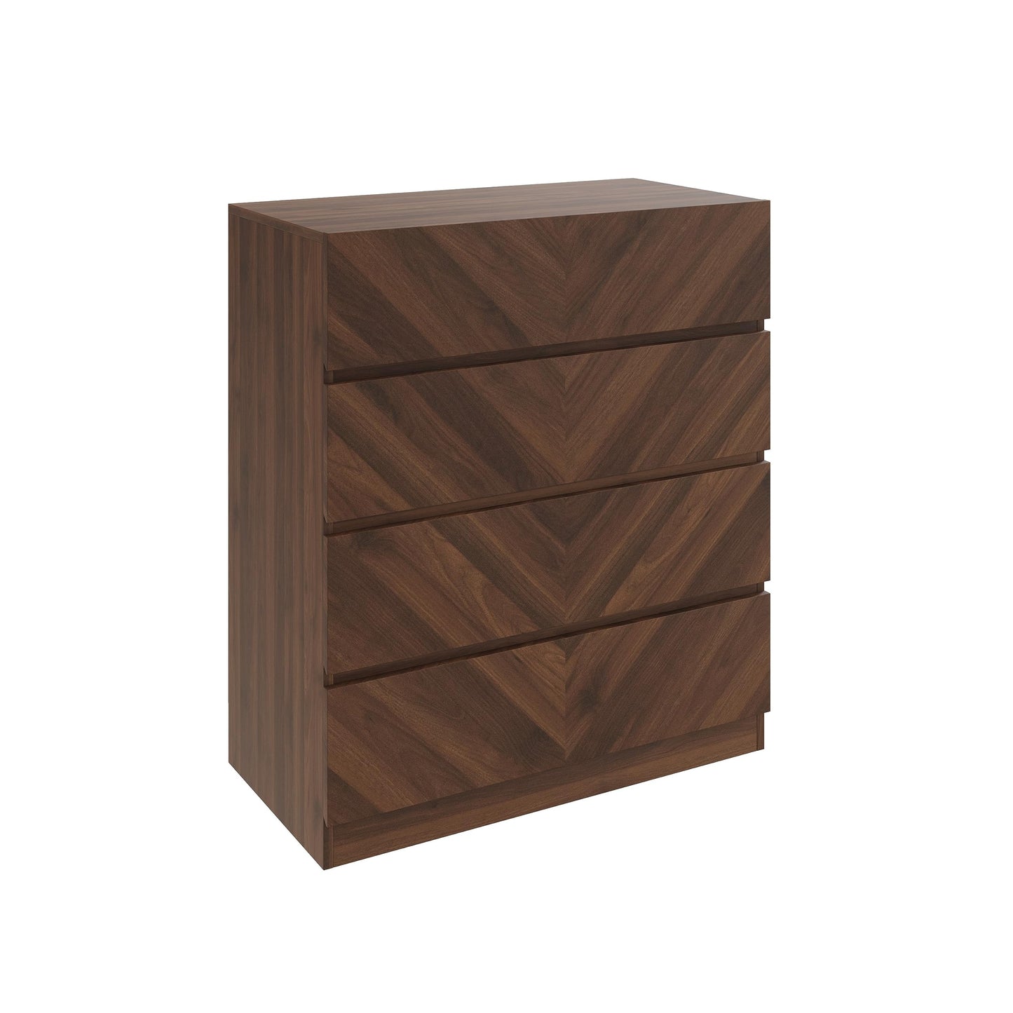GFW Catania 4 Drawer Chest of Drawers, Royal Walnut Bedroom Storage Unit with Herringbone Drawer Fronts, Modern Handle-Free Furniture