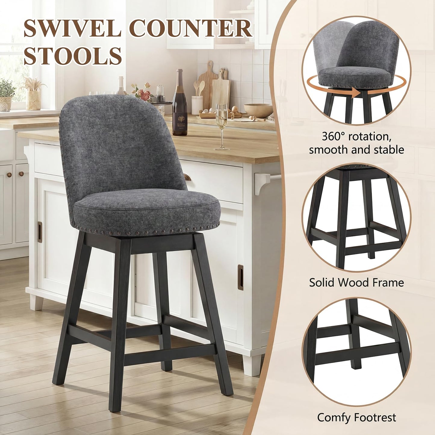 Bar Stools Set of 6, 360° Swivel Counter Stools with Upholstered Seat, Wooden Frame & Nailhead Trim