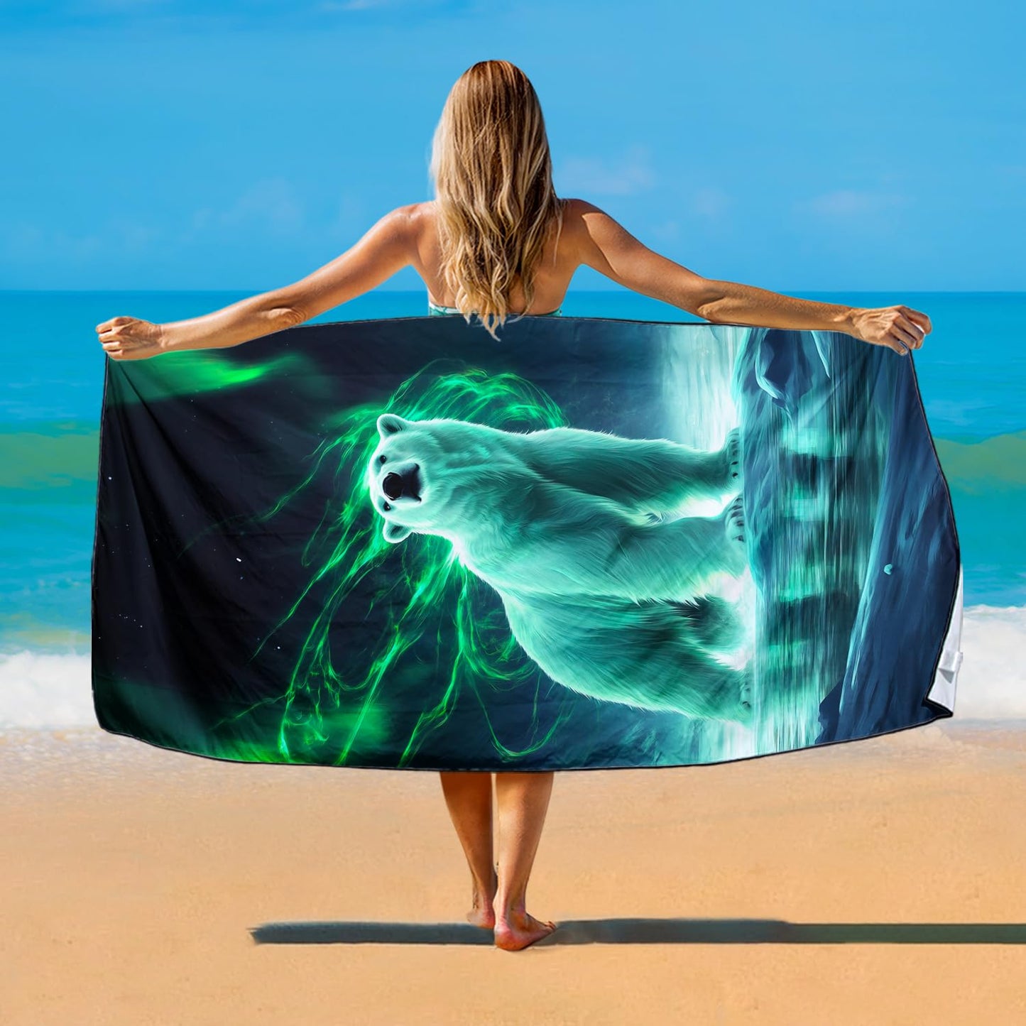 Violetpos Aurora Polar Bear Beach Towel, Extra Large 180x90 cm 250GSM Microfibre, Sand Free Quick Dry