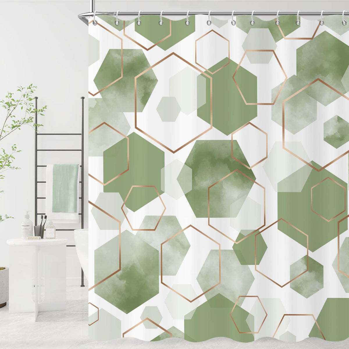 GCIREC Shower Curtain, 180x200cm, Green Modern Abstract Art Watercolor Geometric Grid Waterproof Fabric Machine Washable Bathroom Curtain with Hooks