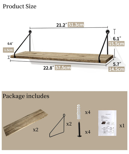 SUMGAR Long Floating Shelves for Wall Rustic Wood Shelf 60CM for Bathroom Kitchen bedroom living room office Wooden Storage Rack Set of 2 With Bracket
