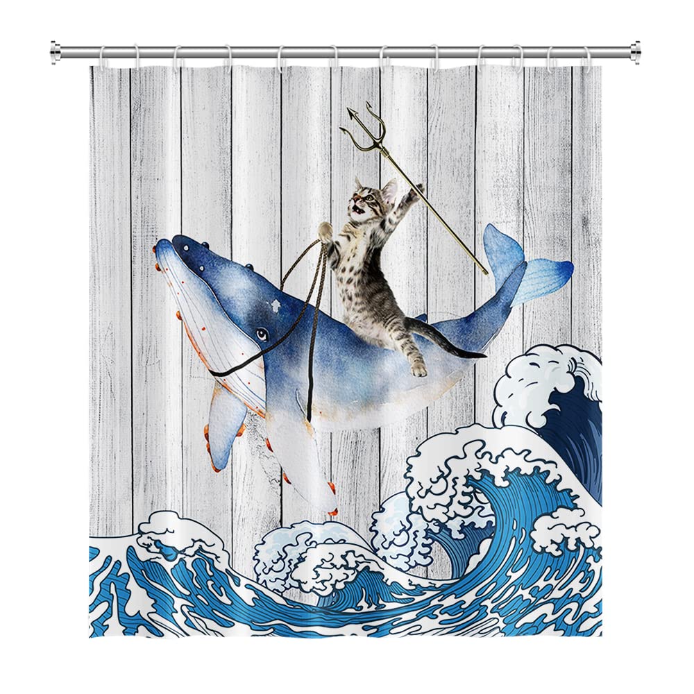 SDOTPMT 180x180cm Funny Cat Riding Whale Shower Curtain Vintage Wood Floor Japanese Sea Ocean Wave Bath Curtain Cute Cartoon Bathtub Curtain for