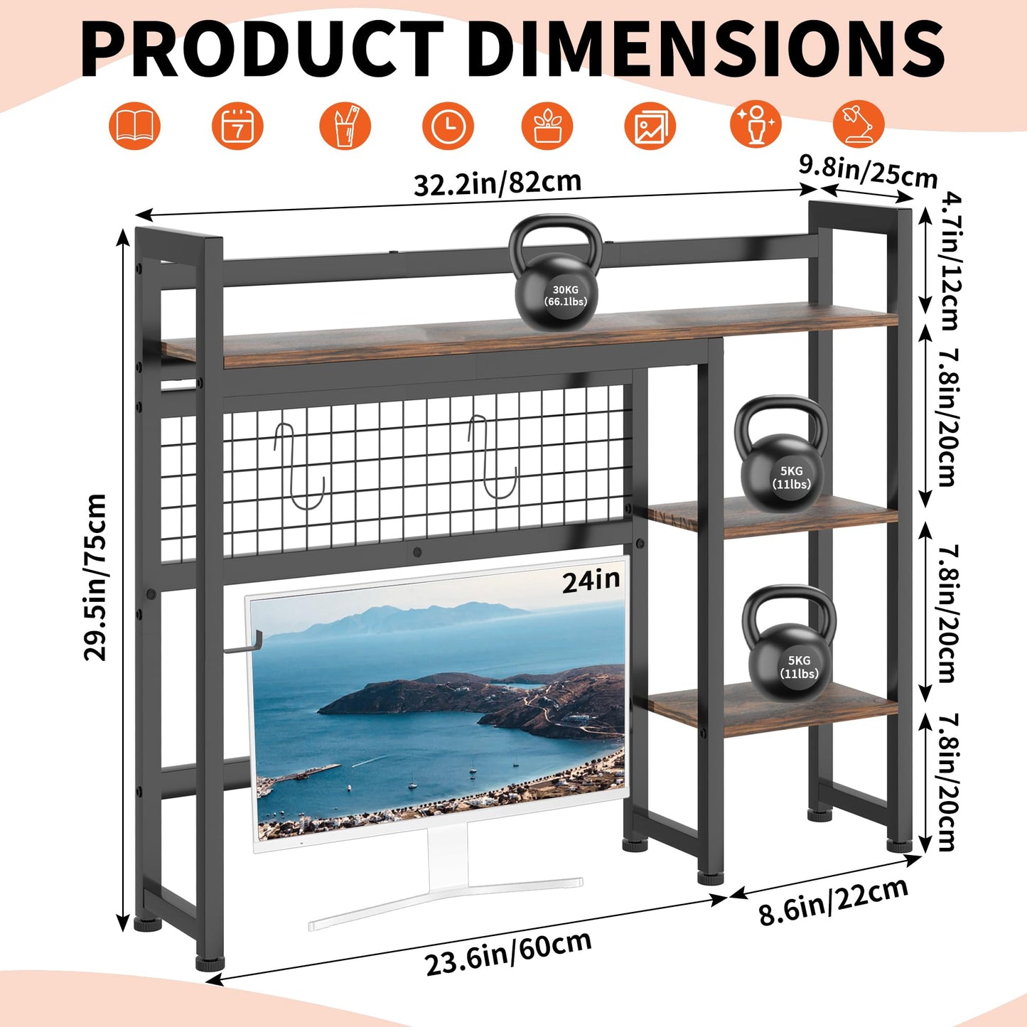 LASUK Desktop Bookshelf for Computer Monitor, 32.3'', Rustic Brown