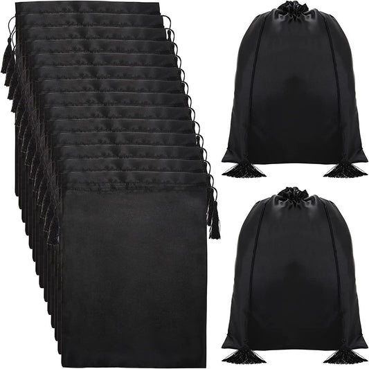 YOUEON 16 Pcs Silk Satin Wig Bags, 30 x 40 cm, Black, Solid, Drawstring Tassel, Unisex, Salon, Travel