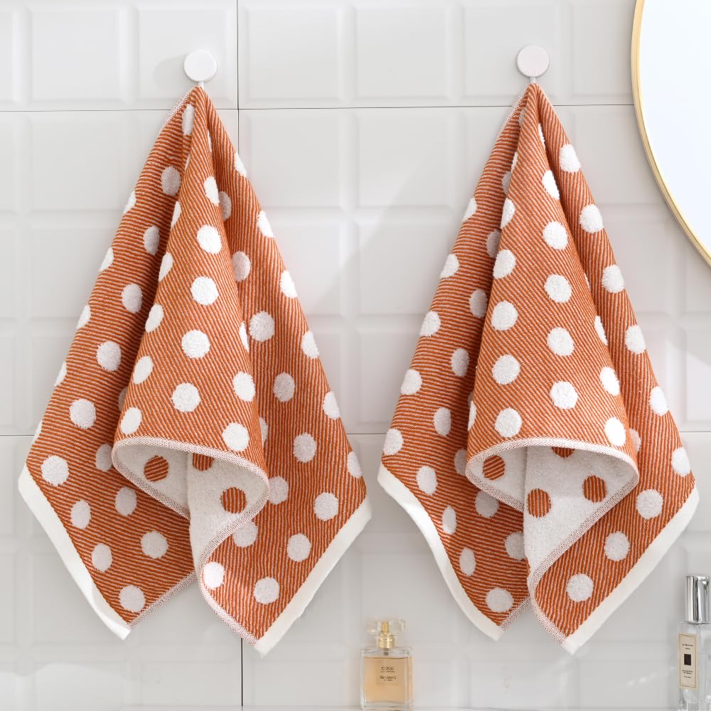 sense gnosis Orange Hand Towel Set of 2 Super Soft 100% Cotton Absorbent Jacquard Striped Pattren Lint Free White Terry Polka Dot Bath Hand Towels
