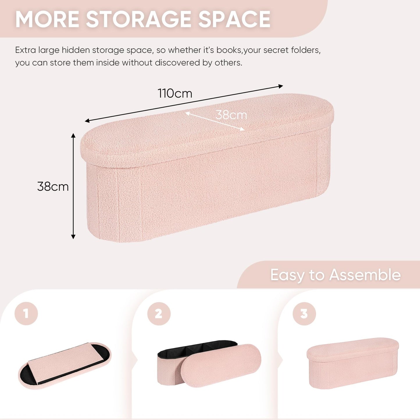 Bonlife Ottoman Storage Bench,Folding Boucle Footstool Oval, End of Bed Stool, Ideal for Living Room, Bedroom, 100L Storage Space,Pink,110x38x38cm