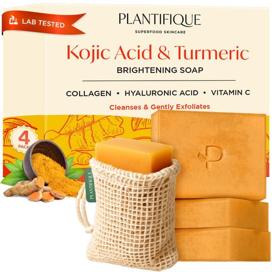 PLANTIFIQUE Kojic Acid Soap with Turmeric - 4 Pack with Mesh Bag - Face & Body Cleanser Bars with Hyaluronic Acid, Collagen & Vitamin C ? Gentle