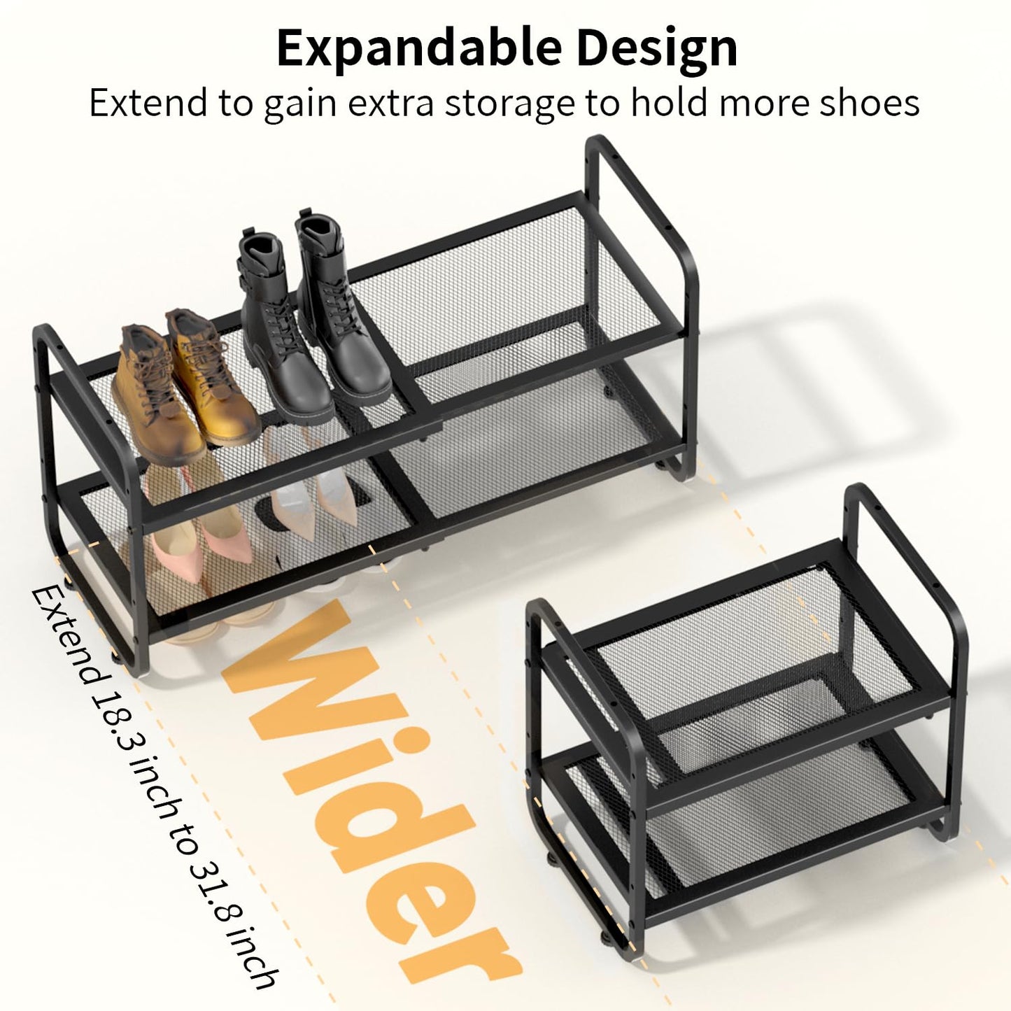 ULYVU Expandable Metal Shoe Rack 2 Tier, Height Adjustable & Stackable | Shoe Storage for Hallway, Garage, Wardrobe - Black
