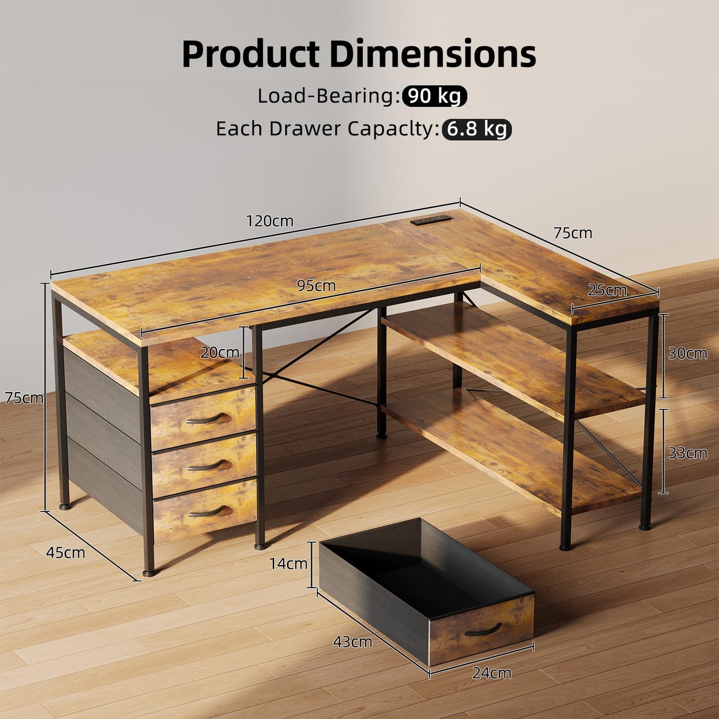CAIYUN 120cm Corner Desk with Drawers, Reversible L shaped Computer Desk with Power Outlet, Home Office Desk with USB Charging Port, Rustic Brown