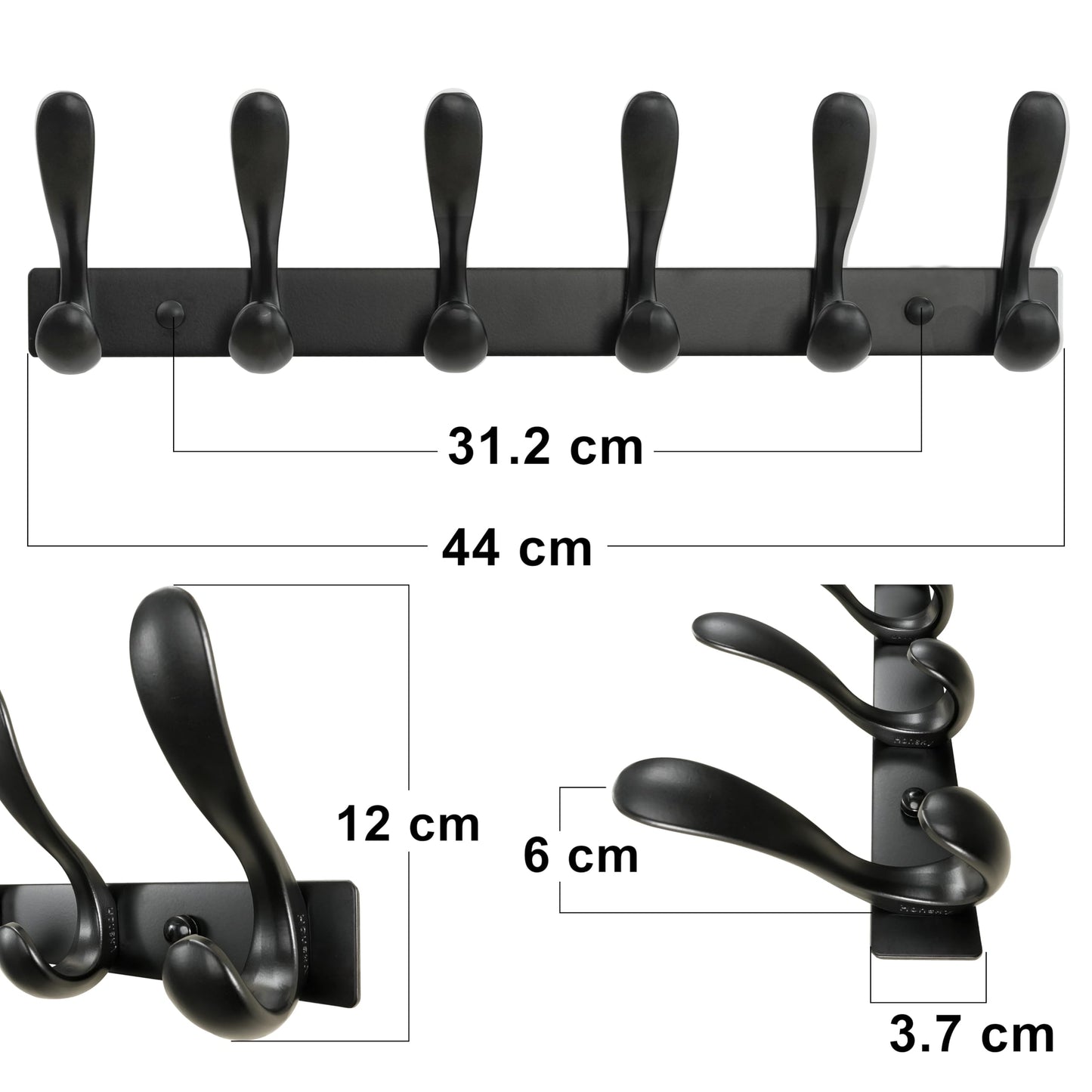 HONSKY Wall Coat Rack- Stylish,44cm Metal Coat Hanger Wall Mounted,Heavy Duty 6 Hooks Wall Coat Hook for Hallway, Bedroom