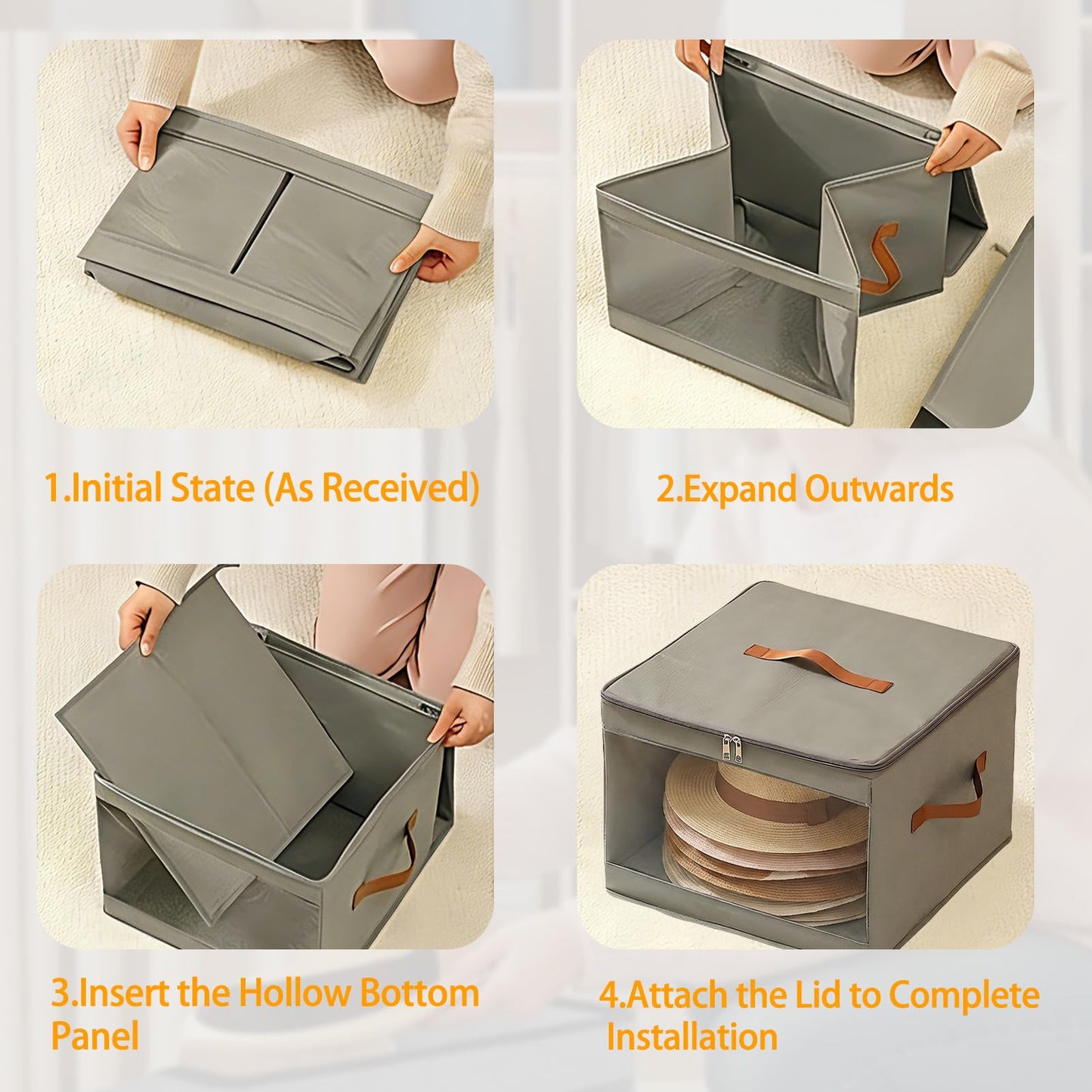 Underbed Storage Box with Zip Foldable Cowboy Hat Storage Boxes Grey