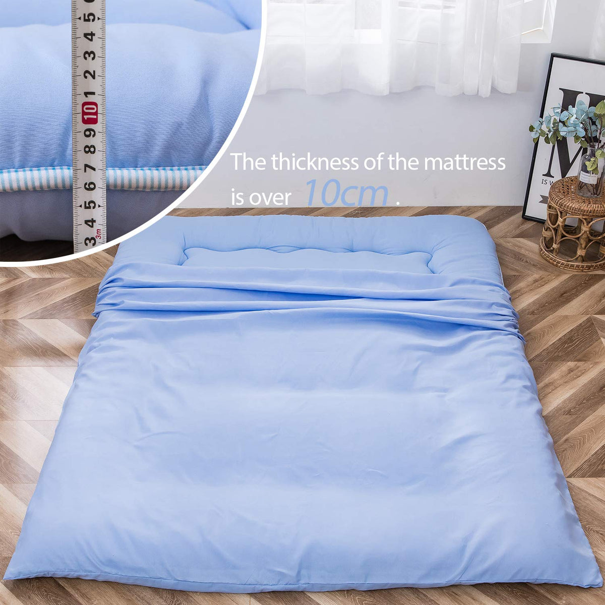 MAXYOYO Japanese Floor Futon Mattress, Thicken Tatami Sleeping Pad Foldable Roll Up Dormitory Mat Pad Floor Lounger Pillow Bed Dusty-Blue, Double