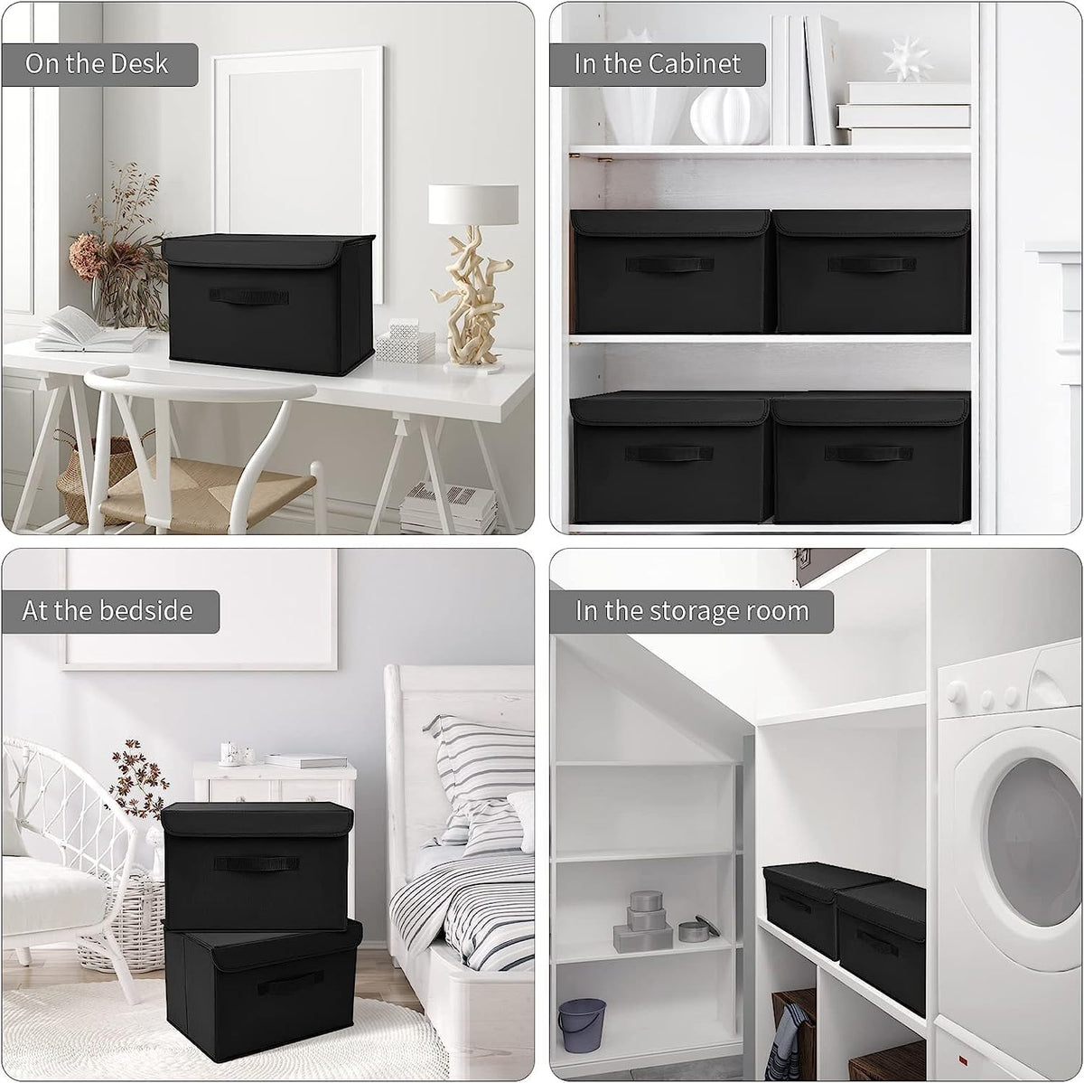 DIMJ 3 Pack Storage Boxes with Lid, Fabric Baskets Closet Storage Bins with Handles Cube Baskets Organization for Home, Office, NurseryBlack
