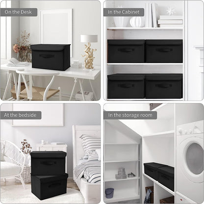 DIMJ 3 Pack Storage Boxes with Lid, Fabric Baskets Closet Storage Bins with Handles Cube Baskets Organization for Home, Office, NurseryBlack