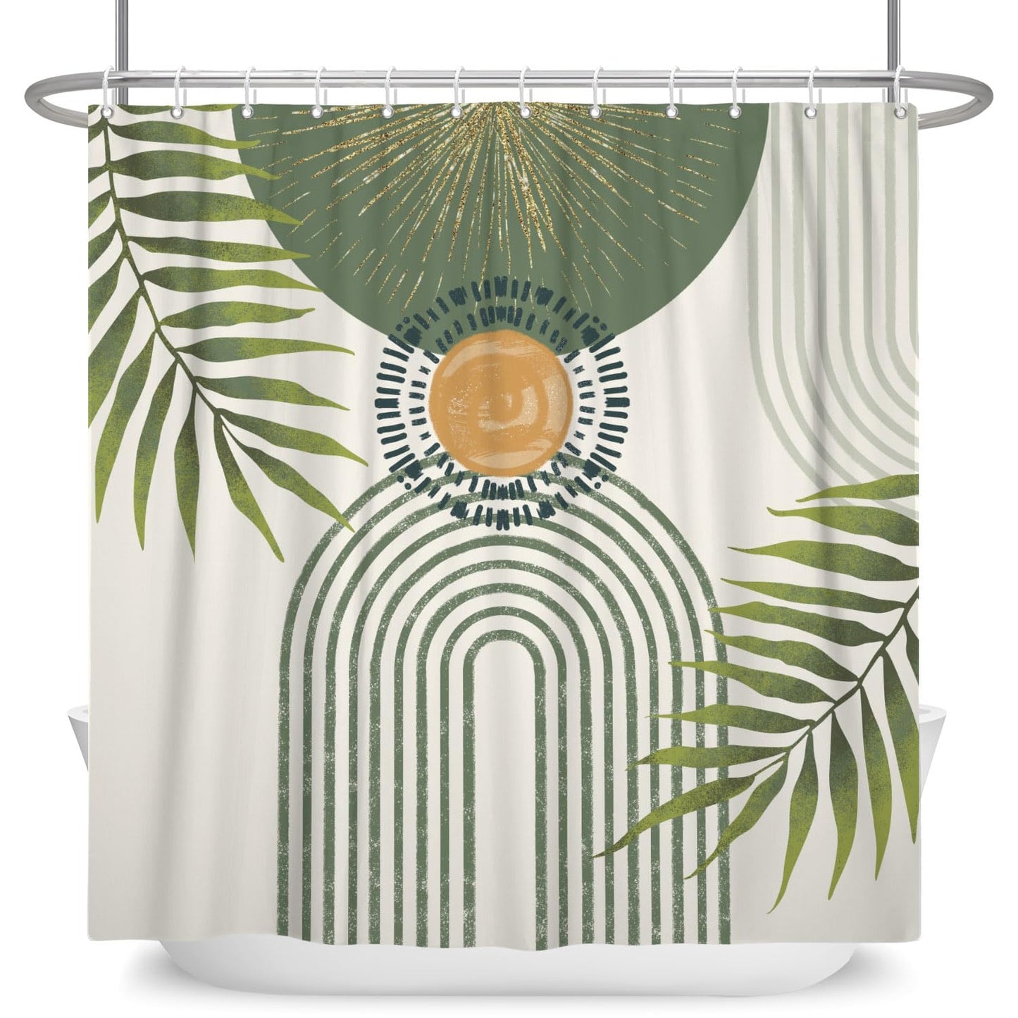 ASDCXZ Boho Shower Curtain 180 x 180 cm, Modern Abstract Green Palm Leaves Sun Bow Beige Washable Shower Curtains Polyester Textile Waterproof
