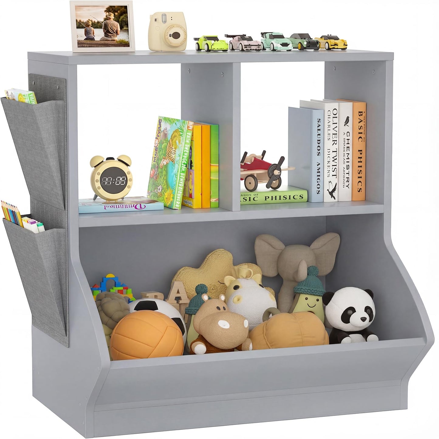 iSunirm Kids Bookshelf with Toy Storage, 70cm Grey Wooden Children’s Bookcase, Floor Book Shelf and Toy Organiser with Side Pocket and Anti-Tip Kit