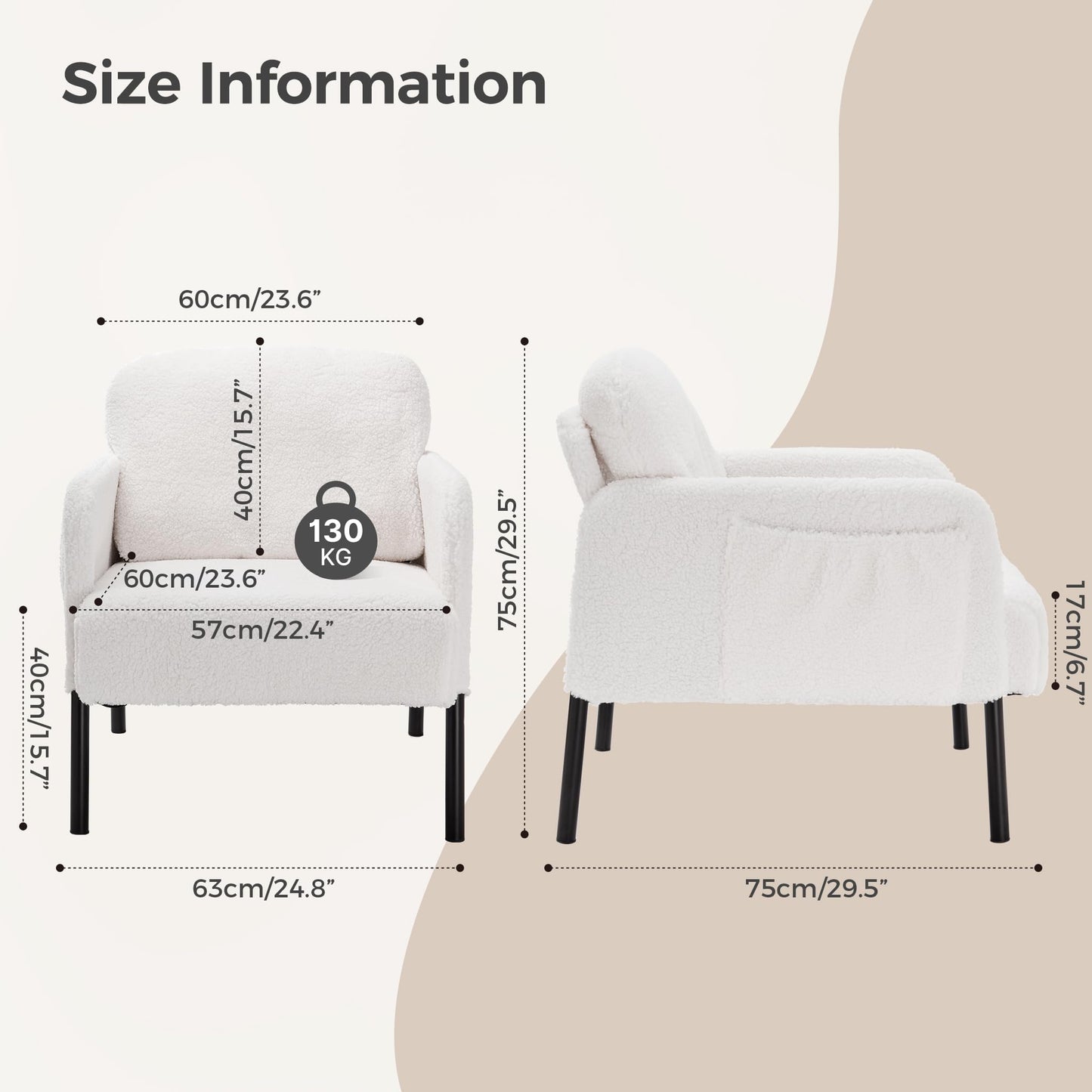 Mondeer Armchair, Accent Chair with Storage Bag and Metal Legs Soft Faux Lambswool Fabric for Living Room Bedroom Reading Reception Lounge